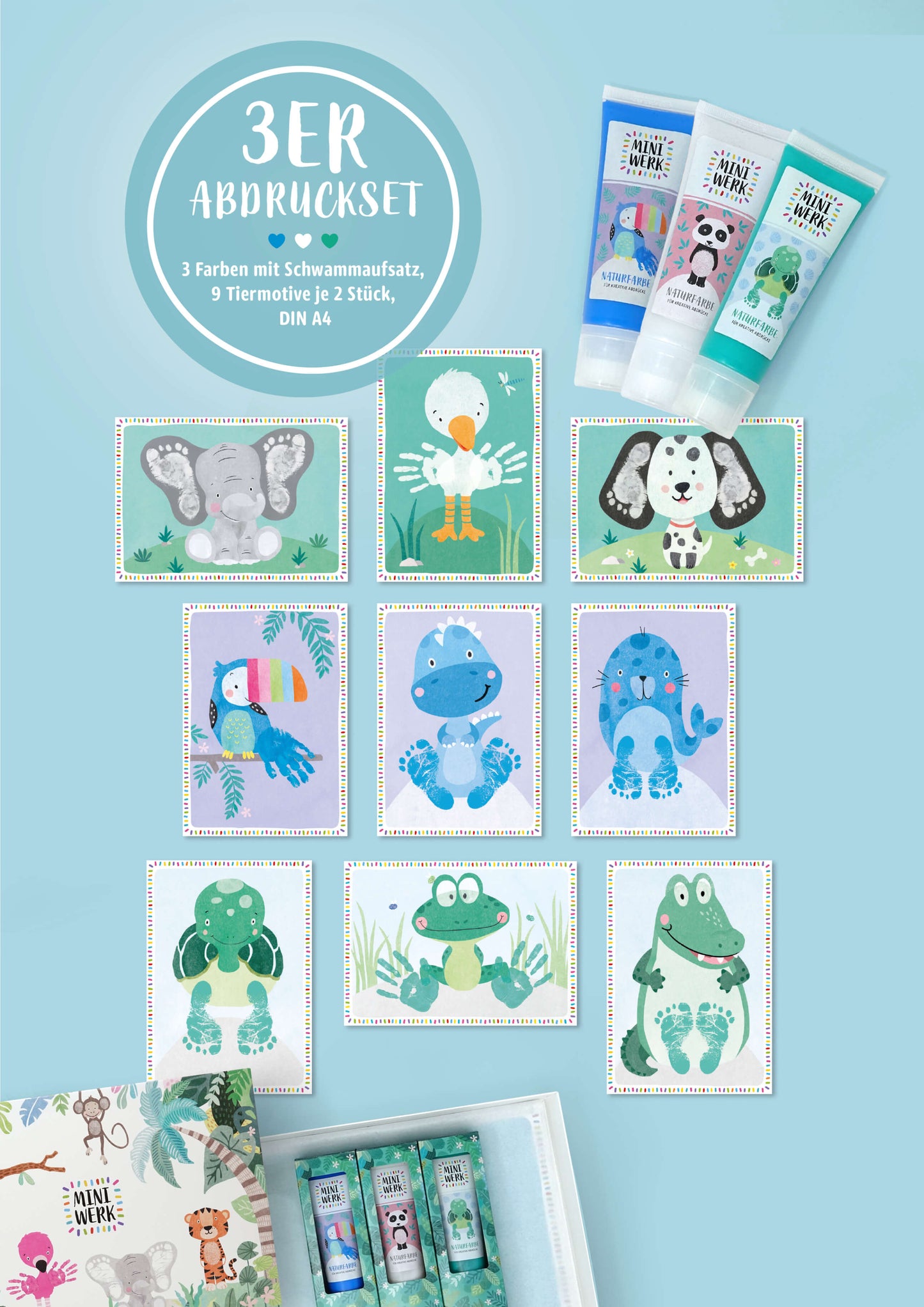 Baby Fußabdruck und Handabdruck Set mit Bio Farbe in drei Farben