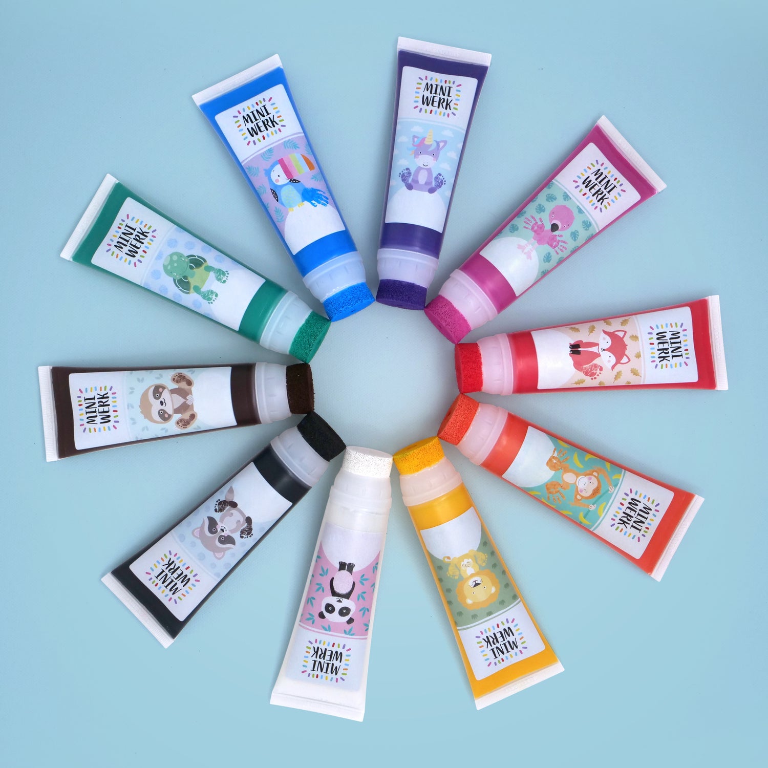 Miniwerk Mal- und Abdruckfarben Farbpalette mit 10 Farben für kreative Spielzeit und Baby Fußabdruck und Handabdruck hergestellt in Deutschland.